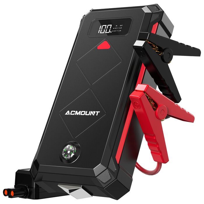 Бустер для автомобіля 7000А Powerbank для запуску двигуна 12В (до 12л бензин/10л дизель) з ліхтариком, кабелями, компасом та аварійним молотком, колір червоний