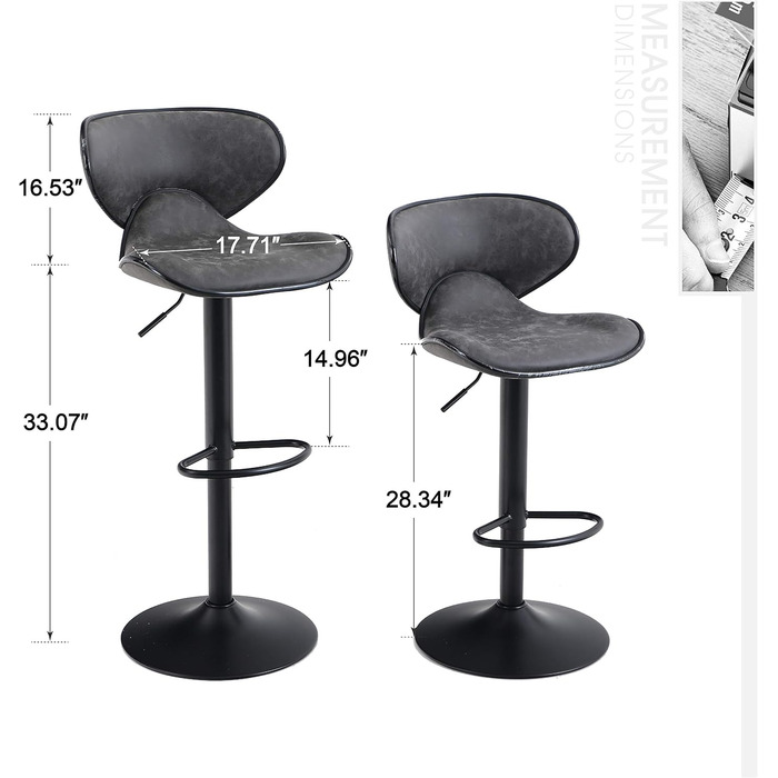 Alpha Adjustable Height Swivel Bar Stools 2-Pack with Backrest & Footrest - PU Leather Kitchen Bar Counter Stools (Grey)