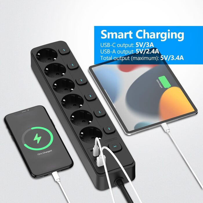 Многорозеткова смуга JSVER 5-портова з індивідуальним вимикачем, 2 USB-A та 2 USB-C (17W), розширювач на 2м для смартфонів, ноутбуків - білий (чорний 6-портова)