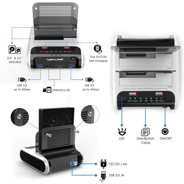 Док-станція для жорстких дисків WAVLINK ST336A: USB, SATA, TF/SD, зарядка, Offline Clone