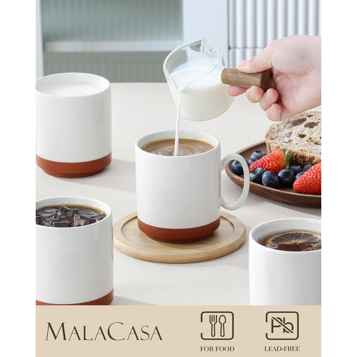 Набір кавових чашок MALACASA TARA Khakiweiß (4 шт.), 350 мл, кераміка, для кави, чаю, соку, лате, капучино, какао, безпечні для миття в посудомийній машині та використання в мікрохвильовці