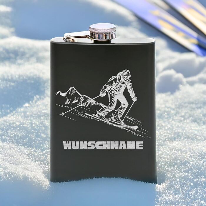 Фляга з нержавіючої сталі Flanacom з гравіюванням, 227мл / 8oz, для скі-гонщиків, персоналізована гравіюванням (дизайн 4, чорний)