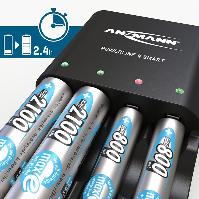 Зарядний пристрій ANSMANN Powerline 4 Smart з 4x NiMH акумуляторами 2850mAh для AA/AAA - автоматичний зарядний пристрій з режимом відновлення, для перезаряджуваних батарей (включно з 4x 1100mAh AAA)